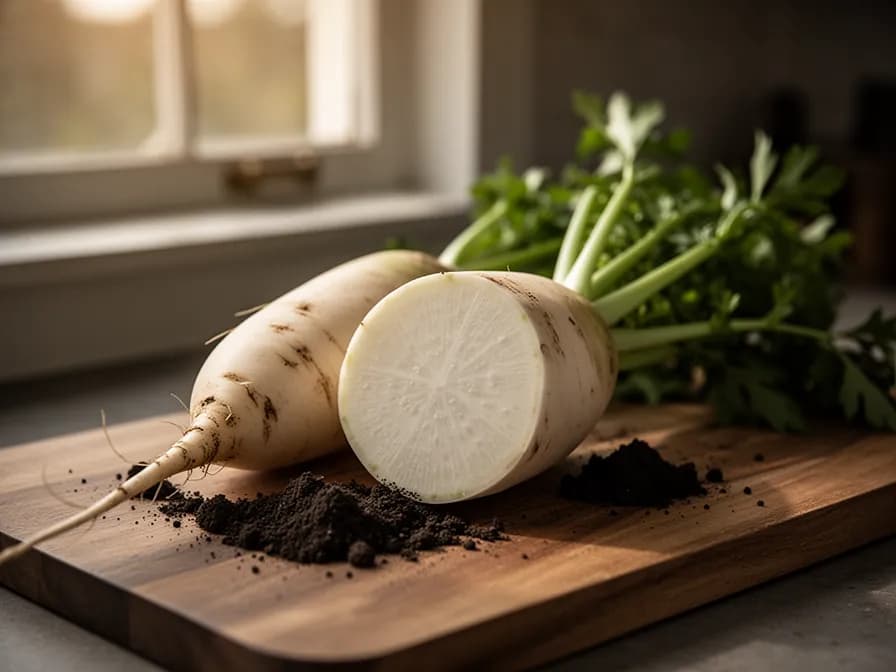 Sliced daikon radish showing crisp white interior