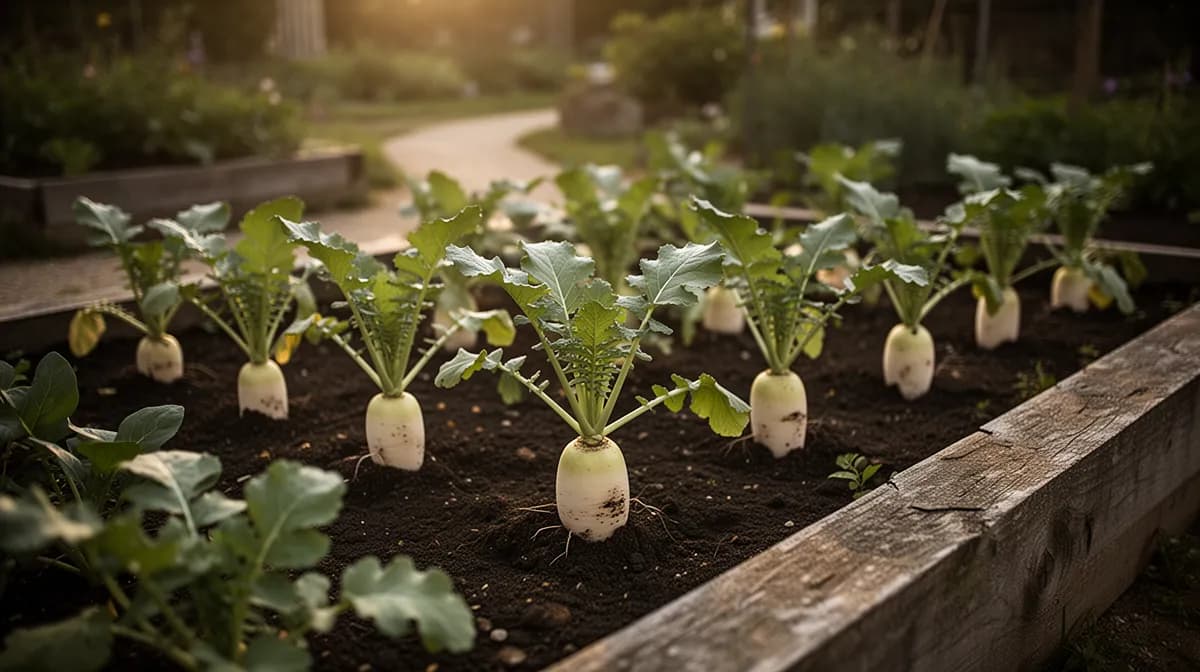 Daikon radish plants with lush green tops growing in garden bed