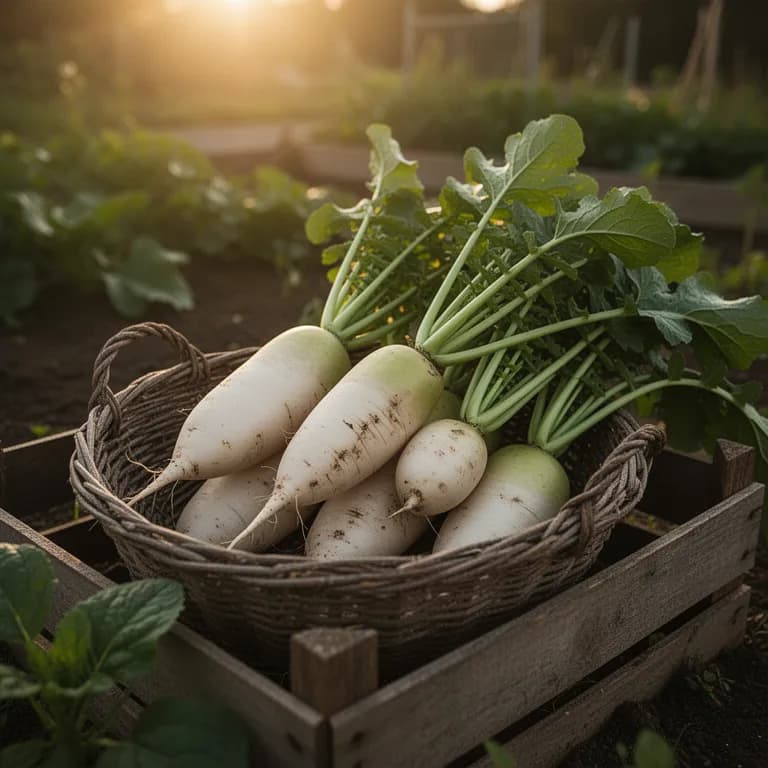 Freshly harvested daikon radishes with long white roots