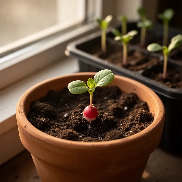 Young daikon radish seedlings with rounded cotyledons