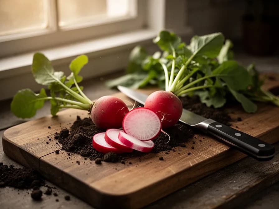 Sliced Easter Egg radishes showing crisp white flesh inside colorful skins of red, purple, pink, and white
