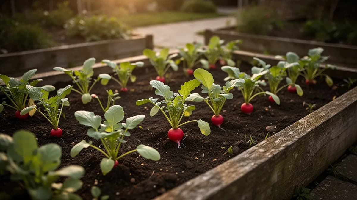 Dense row of Easter Egg radishes growing in a raised garden bed with colorful roots visible at the soil line