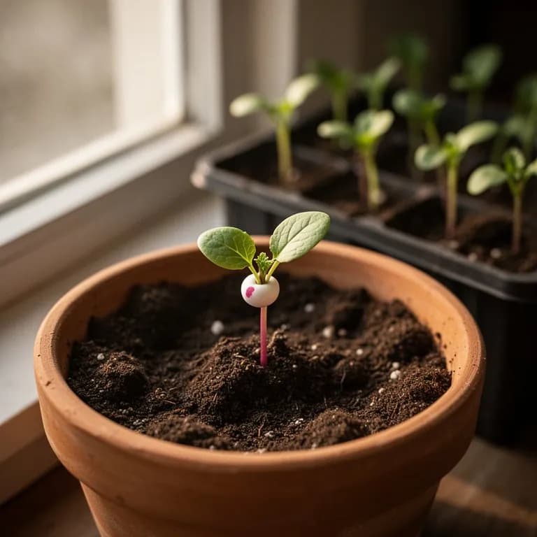 Tiny radish seedlings with rounded cotyledon leaves emerging from moist garden soil