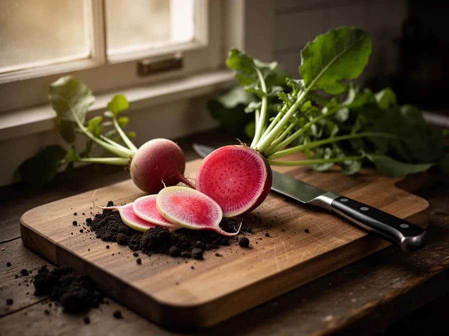 Aufgeschnittenes Wassermelonen-Radieschen mit leuchtendem rosa Inneren