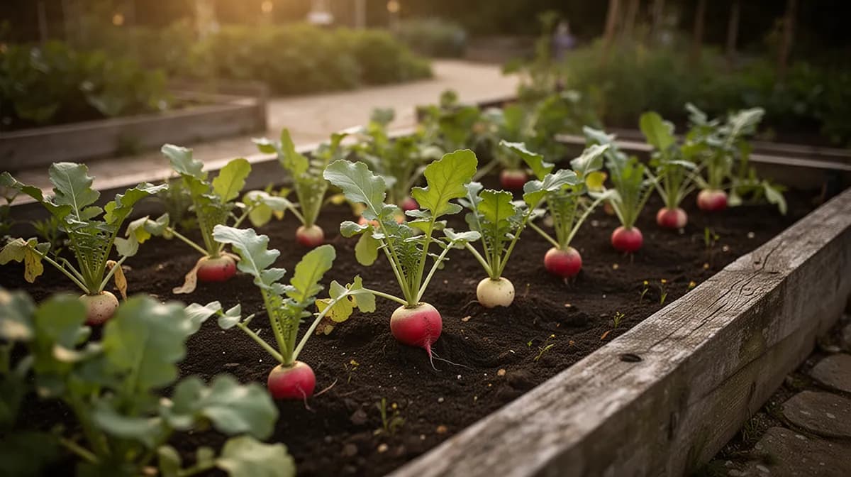 Blattreiche Wassermelonen-Radieschen-Pflanzen im Gartenbeet