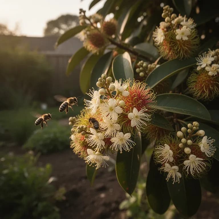 Ramas de rambután cubiertas de pequeños racimos de flores de color crema