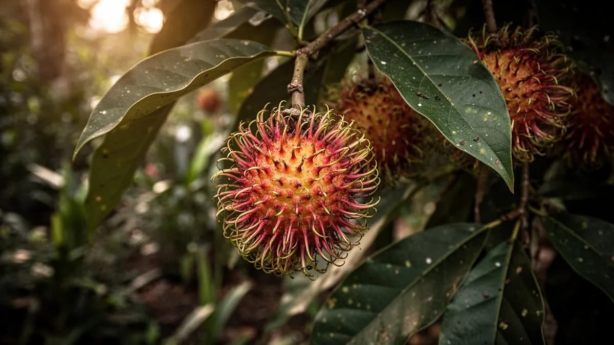 Árbol de rambután maduro cargado de racimos de frutos rojo brillante