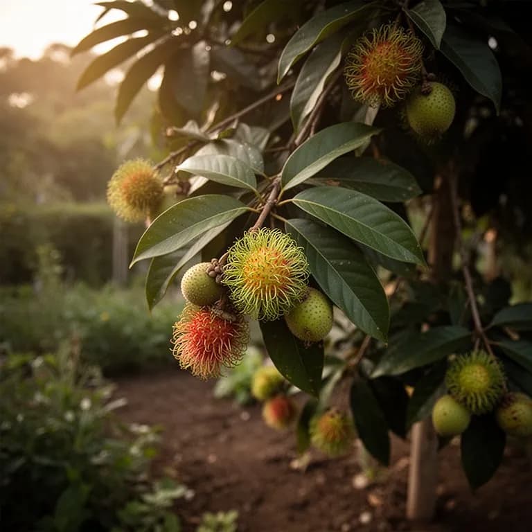 Variedad de rambután de piel amarilla colgando de una rama