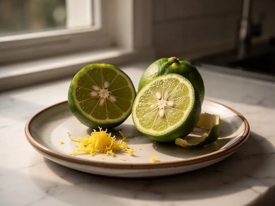 Nahaufnahme einer Rangpur-Limetten-Frucht mit der charakteristischen orangefarbenen Schale und dem segmentierten Inneren