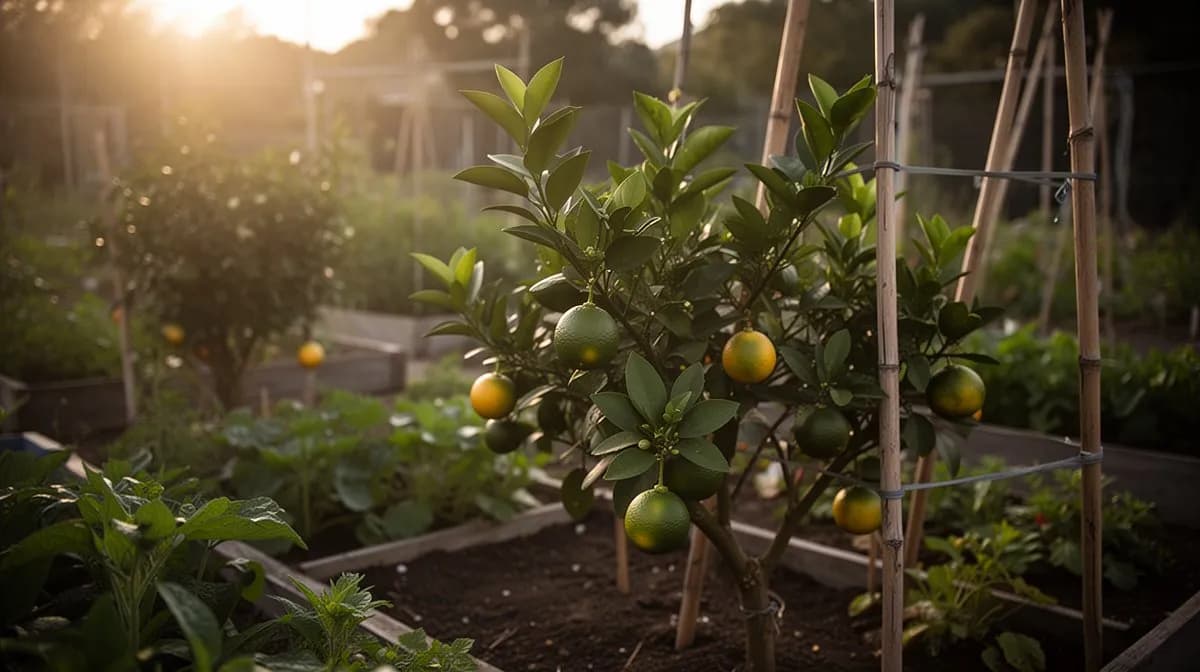 Árbol de limón Rangpur cargado de frutos naranjas cultivado en un gran contenedor cerámico sobre una terraza