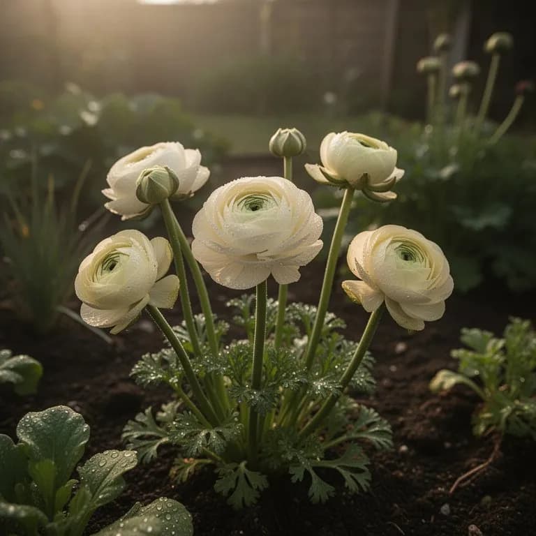 A lush bouquet of freshly cut ranunculus in a glass vase showing a range of pastel and vivid colors