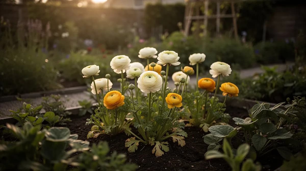 Dense planting of mixed-color ranunculus in a raised garden bed in full bloom