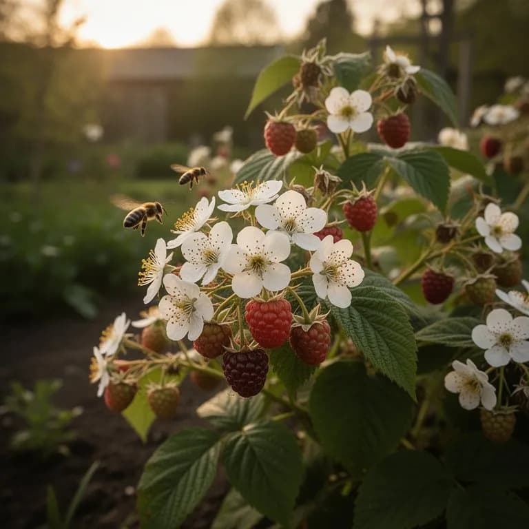 Flor blanca de cinco pétalos de la frambuesa Heritage con estambres amarillos