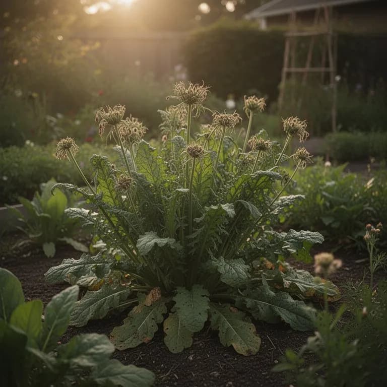 Üppige ausgewachsene Rau-Ram-Pflanze mit dichtem Laub in einem Gartenbeet