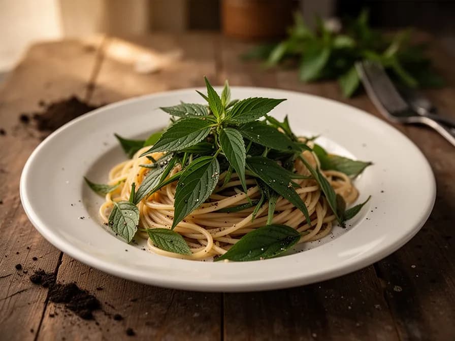 Eine Schüssel vietnamesische Pho, garniert mit frischen Rau-Ram-Blättern und Sojasprossen