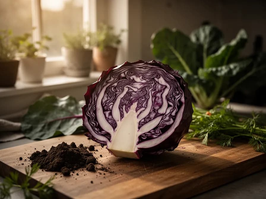 Querschnitt eines Rotkohls mit leuchtend violetten und weißen Schichten