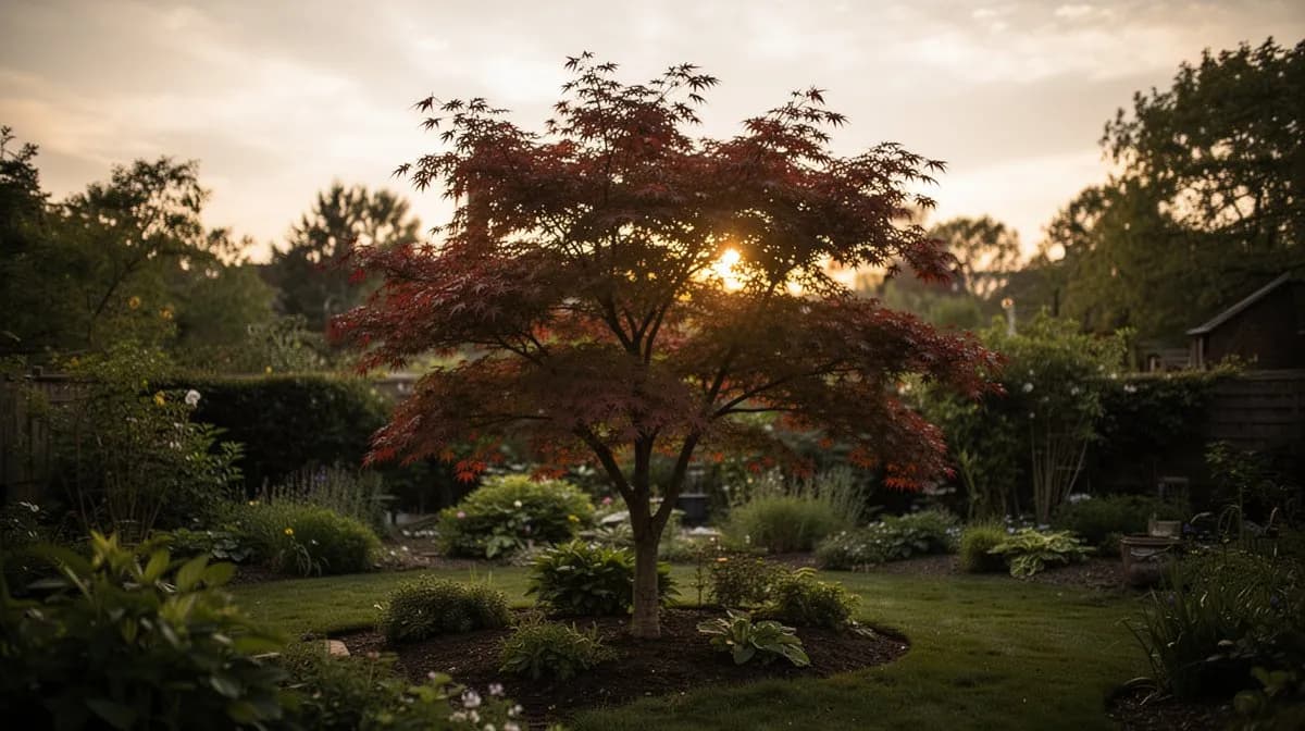 Dense green summer canopy of a mature red maple providing deep shade over a residential lawn