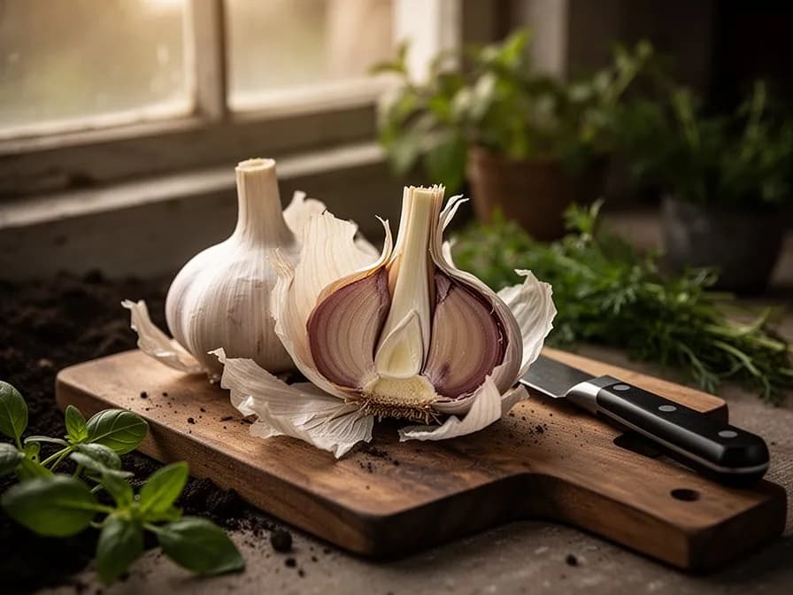Sich windender grüner Knoblauch-Blütenstängel, der eine Doppelschleife an einer Rocambole-Pflanze bildet