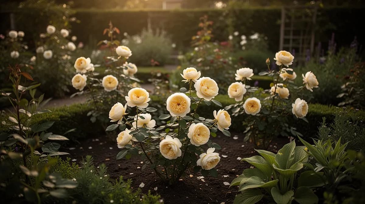David Austin Rosen in einer gemischten Gartenrabatte gepflanzt