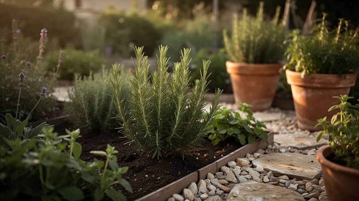 Rosemary growing in a terracotta pot on a sunny patio