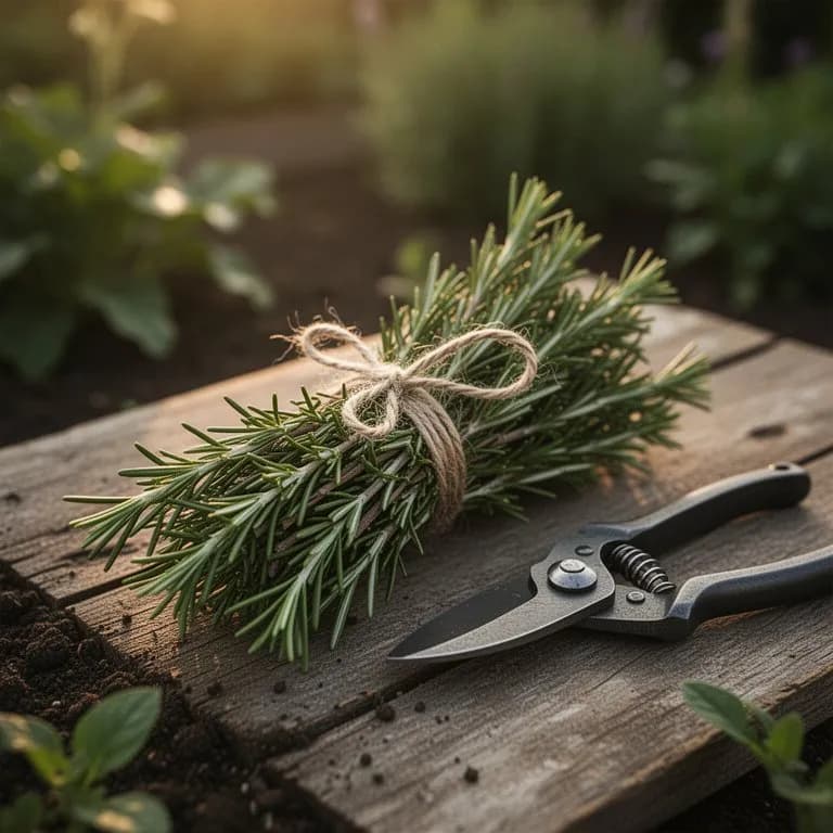 Freshly harvested rosemary sprigs on a cutting board