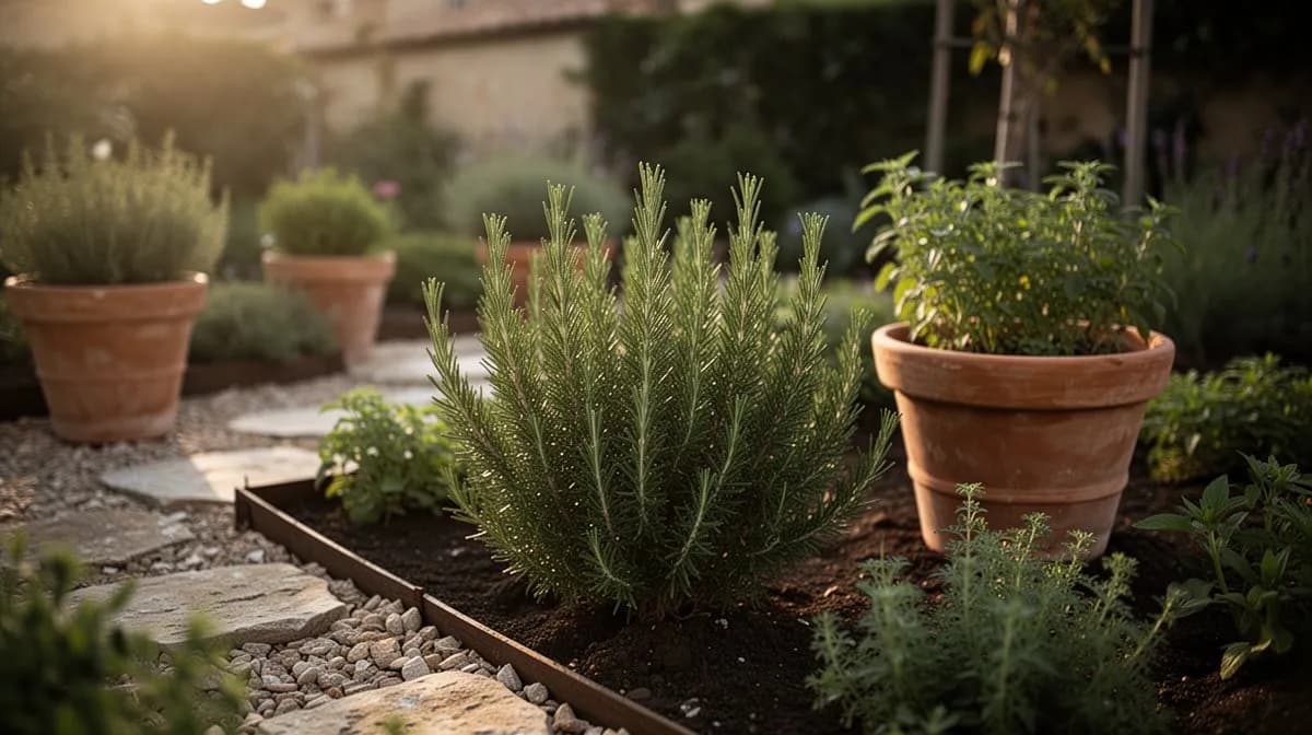 Hohe, aufrechte Tuscan Blue Rosmarinpflanze an einer sonnigen Steinmauer in einem mediterranen Garten