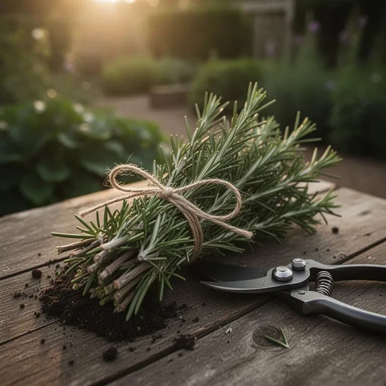 Frische Rosmarinzweige werden mit einer Gartenschere von einem hohen Tuscan Blue Rosmarinstrauch geschnitten