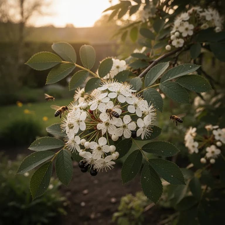 Creamy white rowan blossom clusters in spring