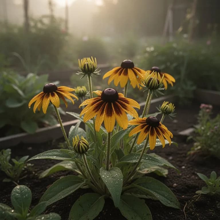 Rudbeckia fulgida in voller Blüte mit leuchtend goldgelben Blütenblättern und dunkelbraunen Zapfen