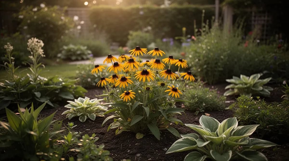 Rudbeckia perenne en una bordura de jardín soleada junto a gramíneas ornamentales