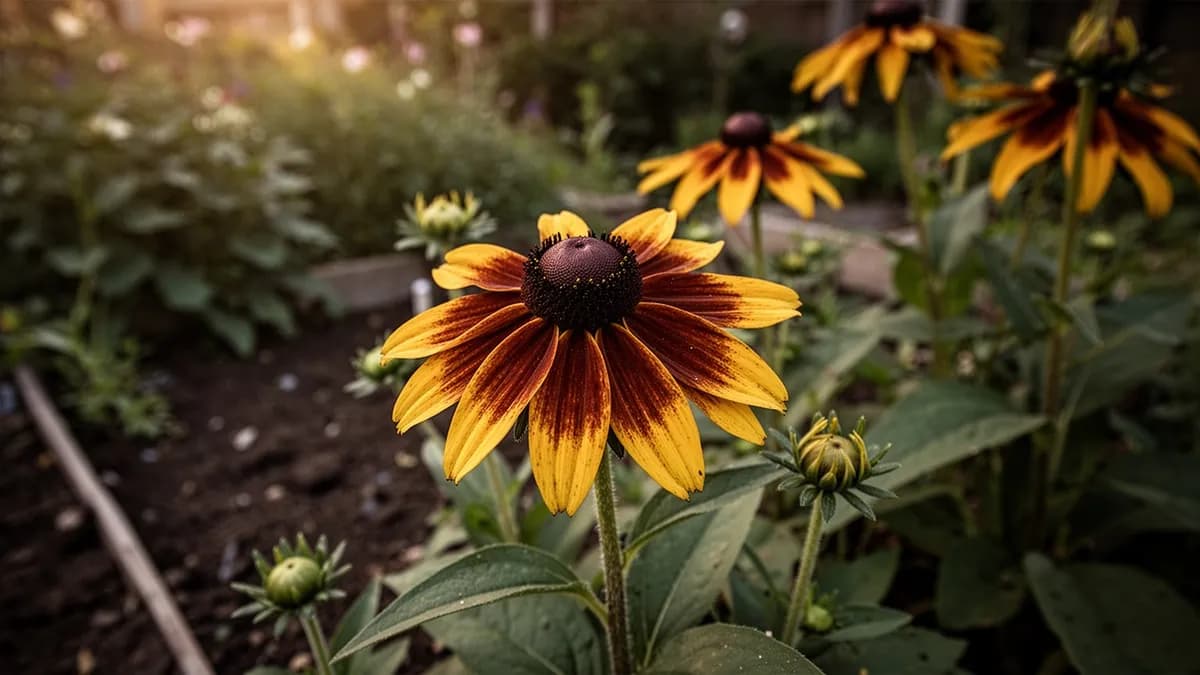 Jardinero dividiendo un macizo de rudbeckia perenne con una horca de jardín