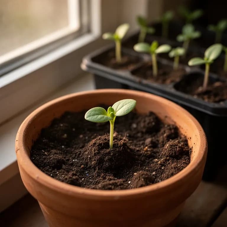 Jóvenes plántulas de rudbeckia perenne emergiendo con sus primeras hojas verdaderas
