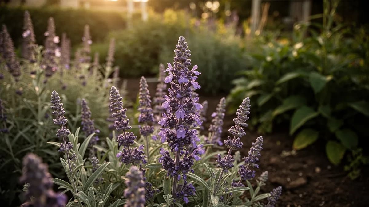 Abejas y mariposas visitando flores de salvia rusa en un jardín soleado