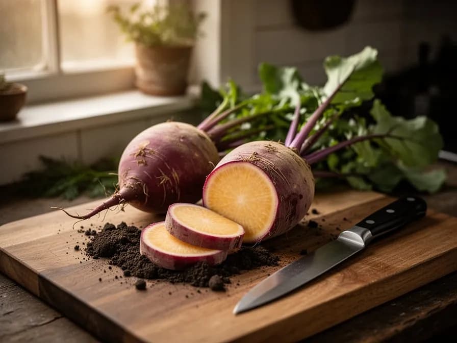 Querschnitt einer Steckrübe mit dichtem goldgelbem Fruchtfleisch