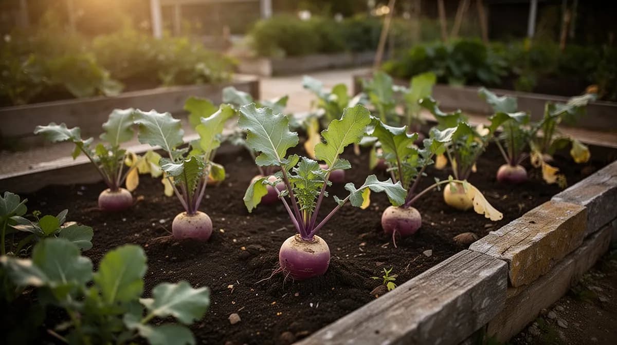 Reihen von Steckrüben in einem Herbstgarten mit violetten Kronen, die über dem Boden sichtbar sind