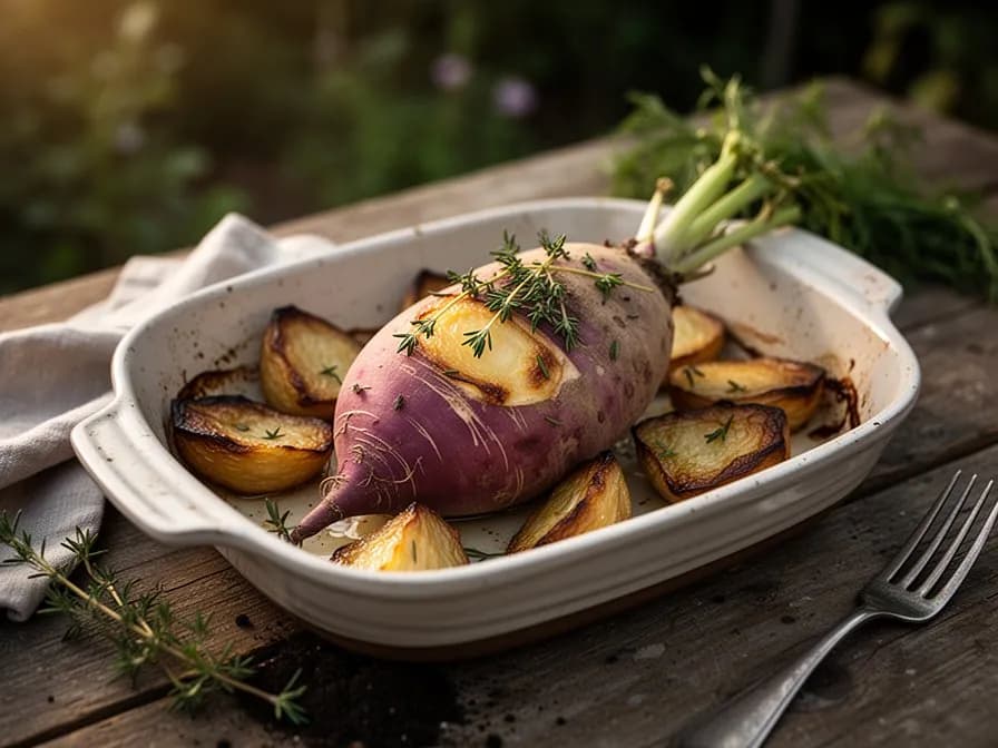 Schüssel mit cremigem Steckrübenpüree, garniert mit Butter und frischem Schnittlauch