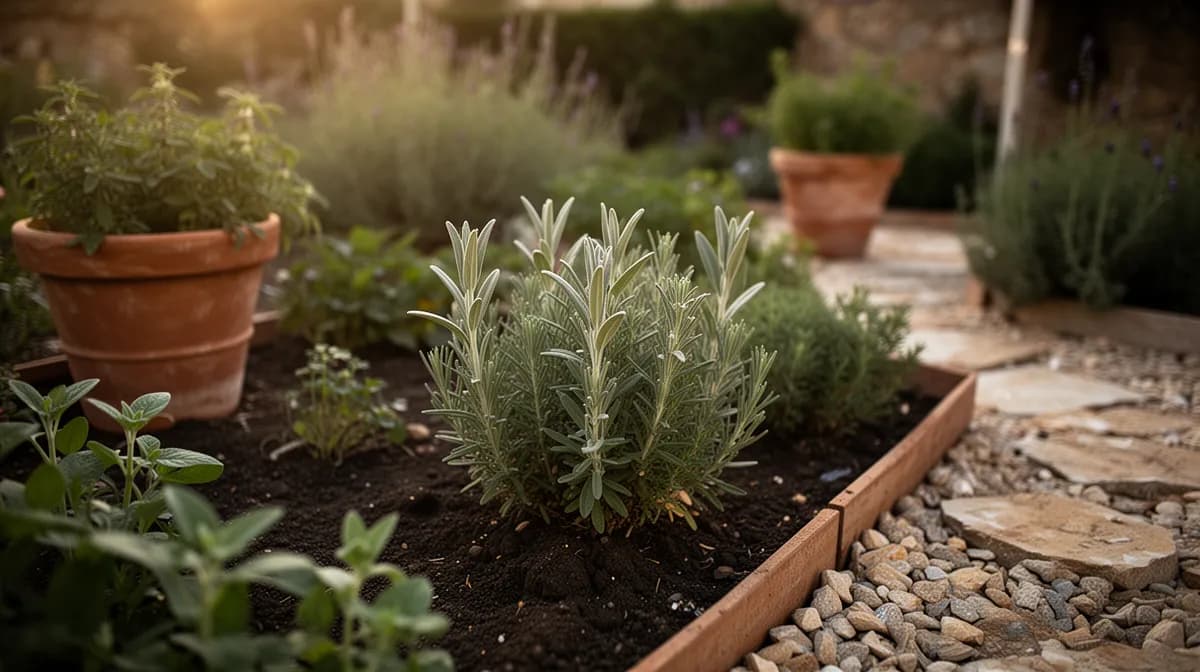 Sage growing alongside rosemary and thyme in a Mediterranean herb garden