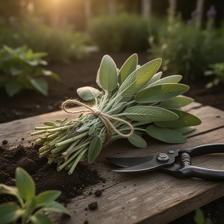 Freshly harvested sage sprigs bundled together on a wooden cutting board