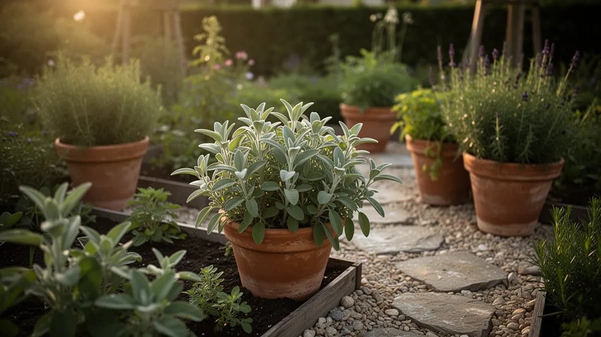 Berggarten-Salbei wächst in einem sonnigen Kräuterbeet