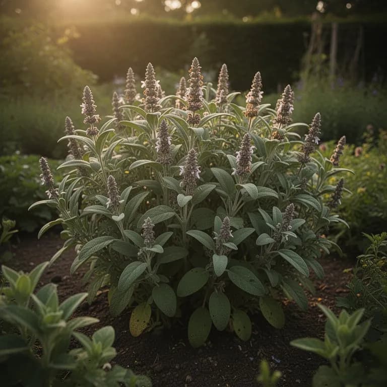 Berggarten-Salbei mit reifbedeckten Blättern im Spätherbst
