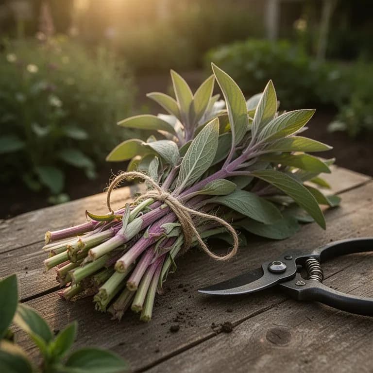Hojas recién cosechadas de salvia piña y ramitas de flores sobre una tabla de madera