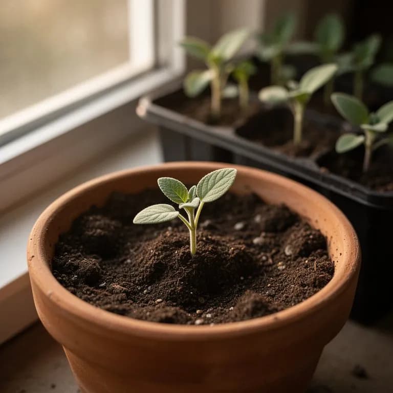 Joven plántula de salvia piña con suaves hojas verdes emergiendo de una maceta pequeña
