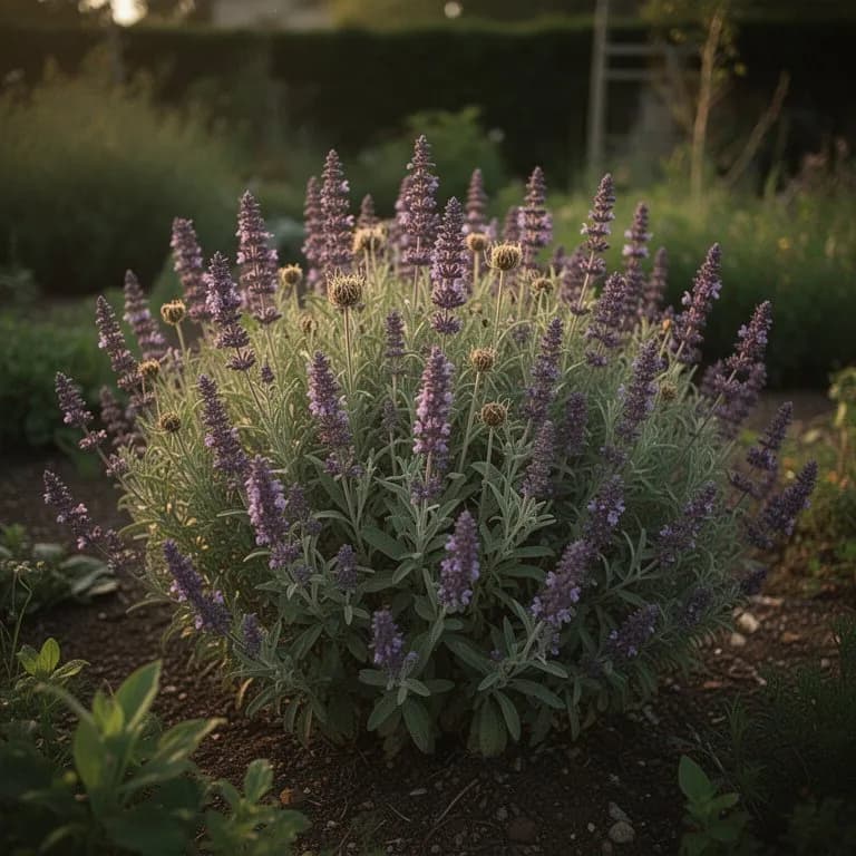 Mata adulta de salvia púrpura con densas hojas gris-moradas de textura aterciopelada