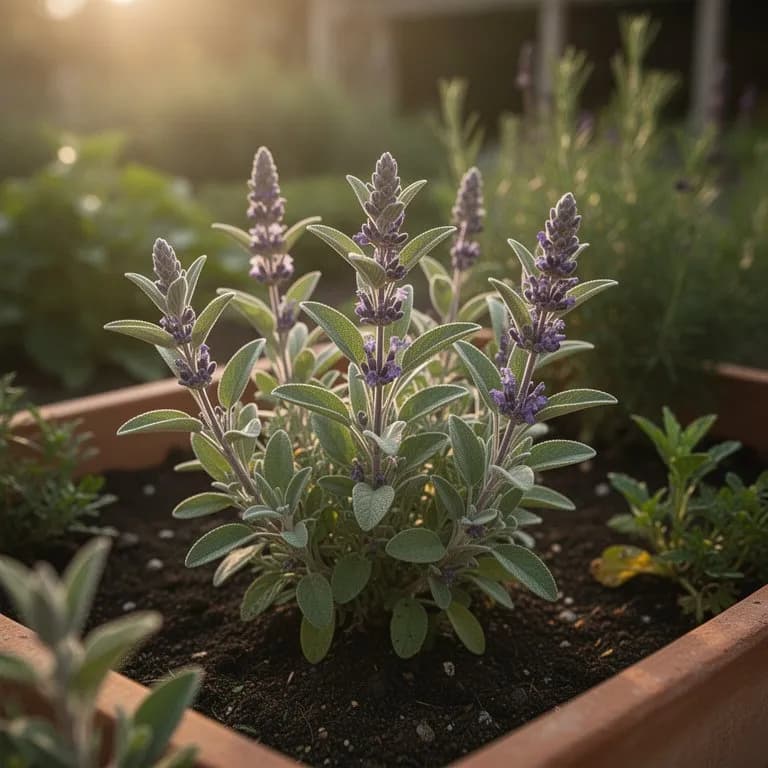 Junge Purpuralbei-Pflanze mit weichen violett getönten Blättern in einem Terrakotta-Topf