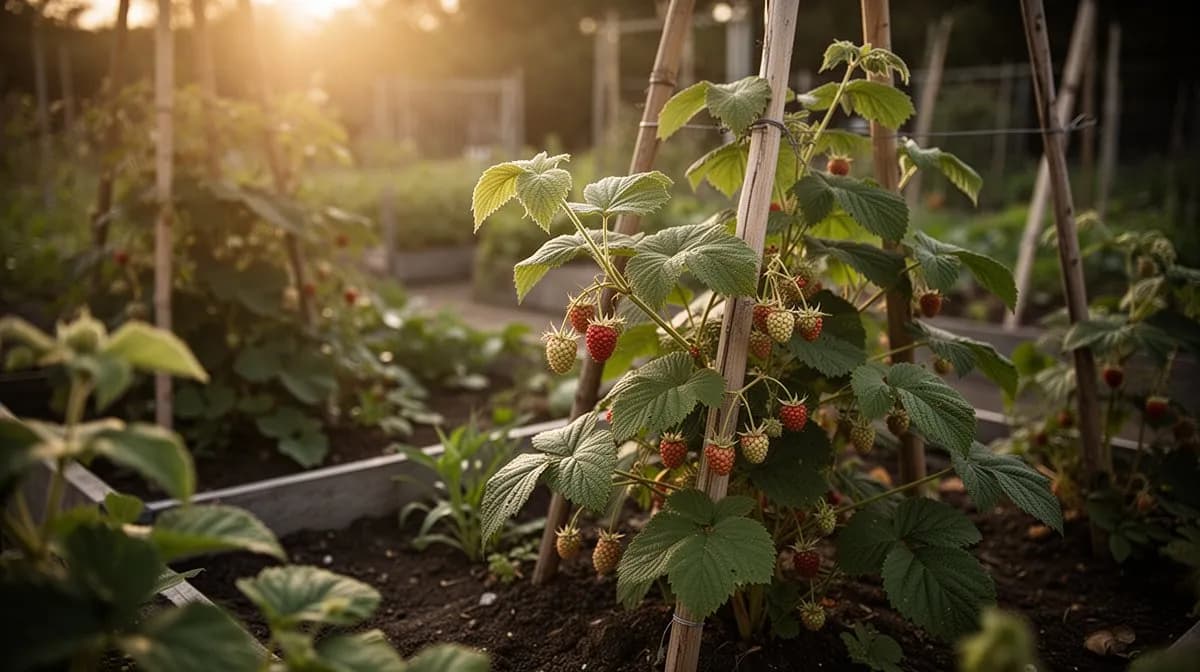 Lachsbeere wächst neben Schwertfarnen, Roterle und einheimischen Wildblumen in einer naturalisierten Gartenrabatte