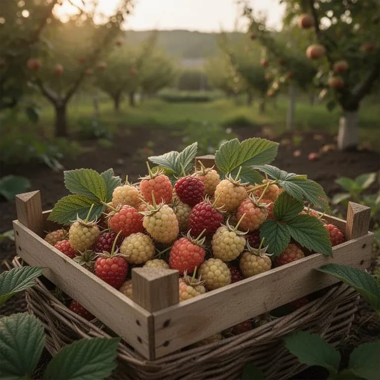 Eine Hand hält eine Traube reifer lachsfarbener und goldener Lachsbeeren, frisch von der Rute gepflückt