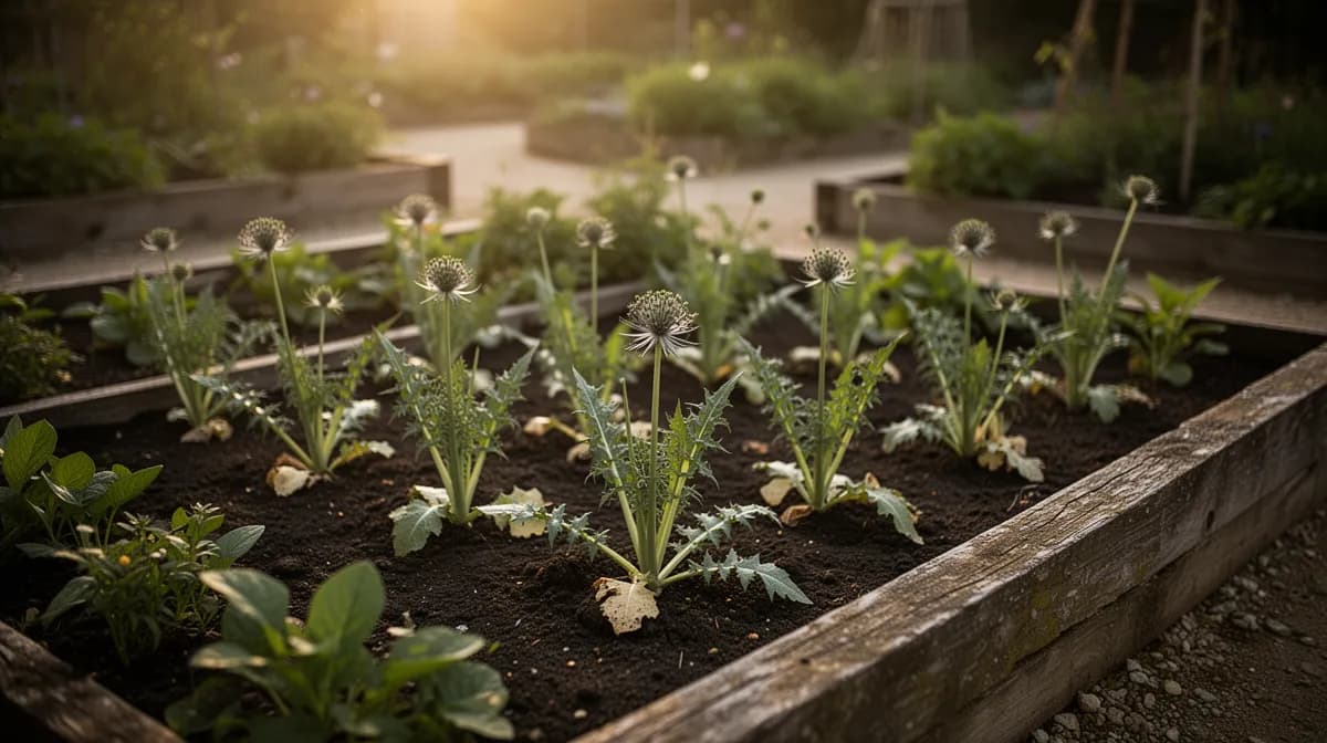 Salsify growing in a deeply prepared raised bed alongside carrots