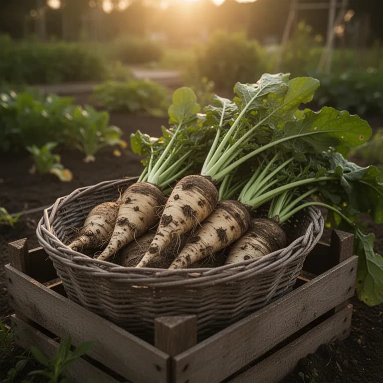 Freshly dug salsify roots with soil still clinging to their pale skin