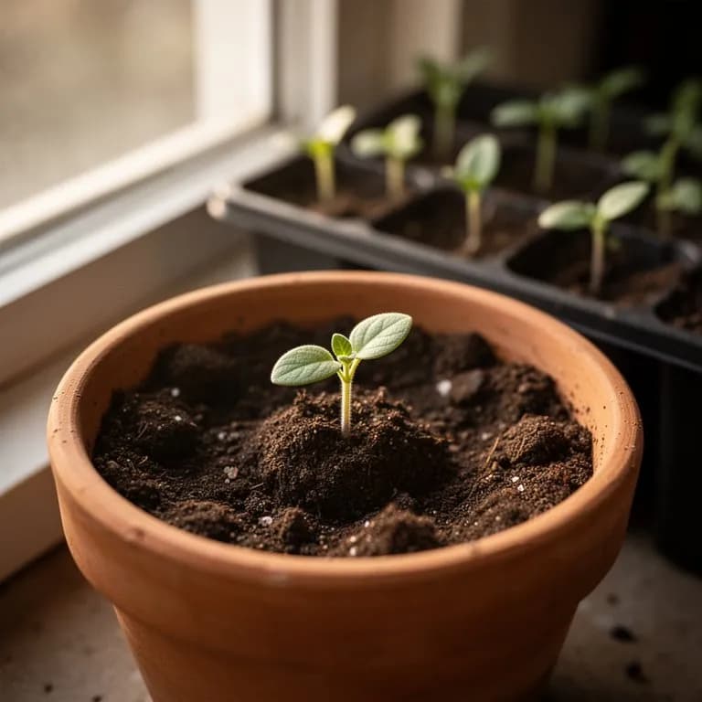 Salvia splendens seedlings emerging in seed trays