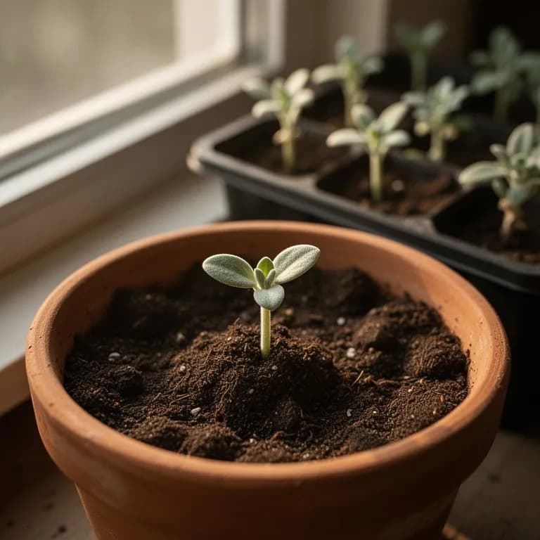 Young santolina cutting with developing roots and tiny coral-like leaves